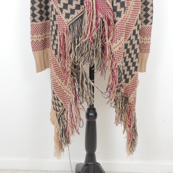 Full Tilt Tan Black Red Boho Print Fringe Uneven Hem Soft Size Small Cardigan - Picture 3 of 13